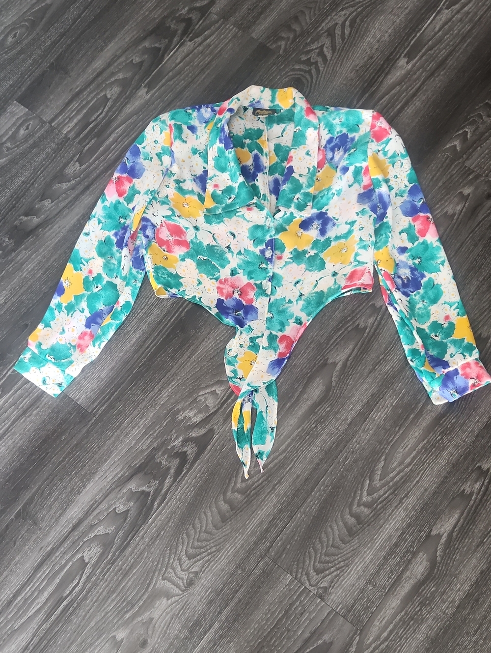 Vintage Floral Tie-Front Blouse Green, Yellow, Pink, Blue Multicolor, Medium